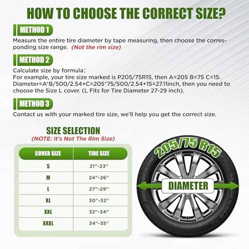 Spare tire cover sizing chart with tire diameter guide and size table