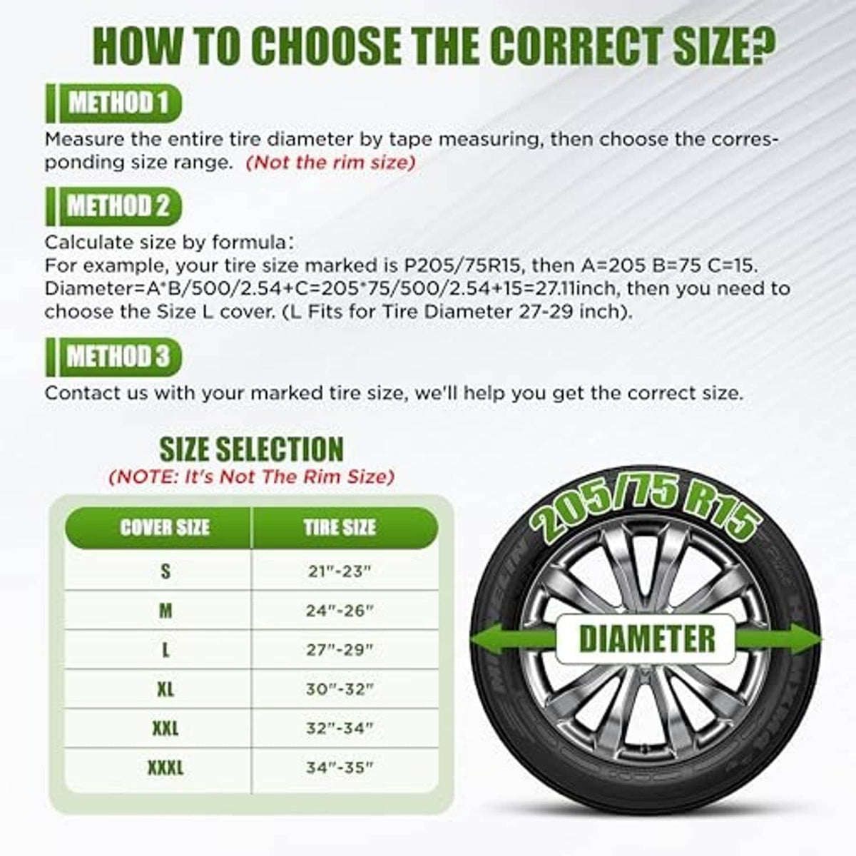 Spare tire cover sizing chart with tire diameter guide and size table
