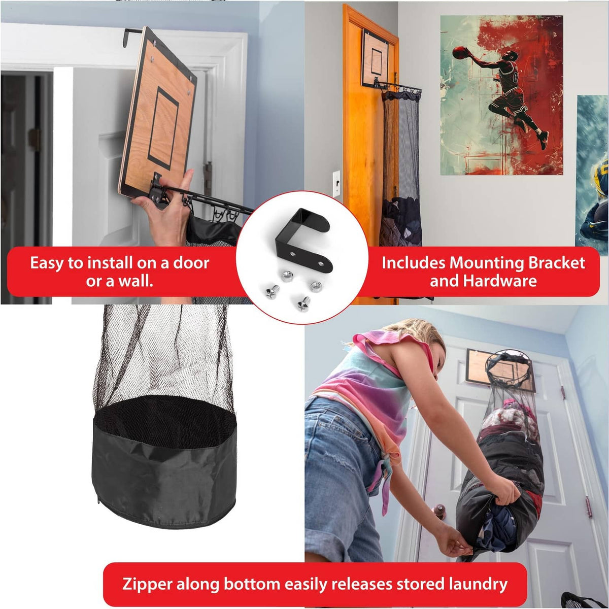 Basketball laundry hamper with bottom zipper and over-the-door mounting bracket