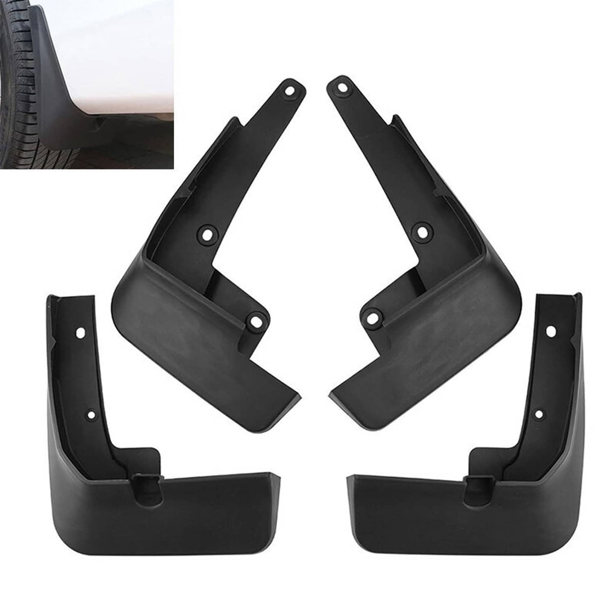 Black front and rear mud flaps set in angled view, contoured splash guards and tabs.