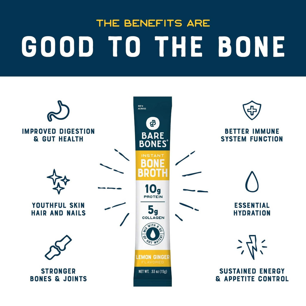Bare Bones Instant Lemon Ginger Bone Broth pouch with benefits icons