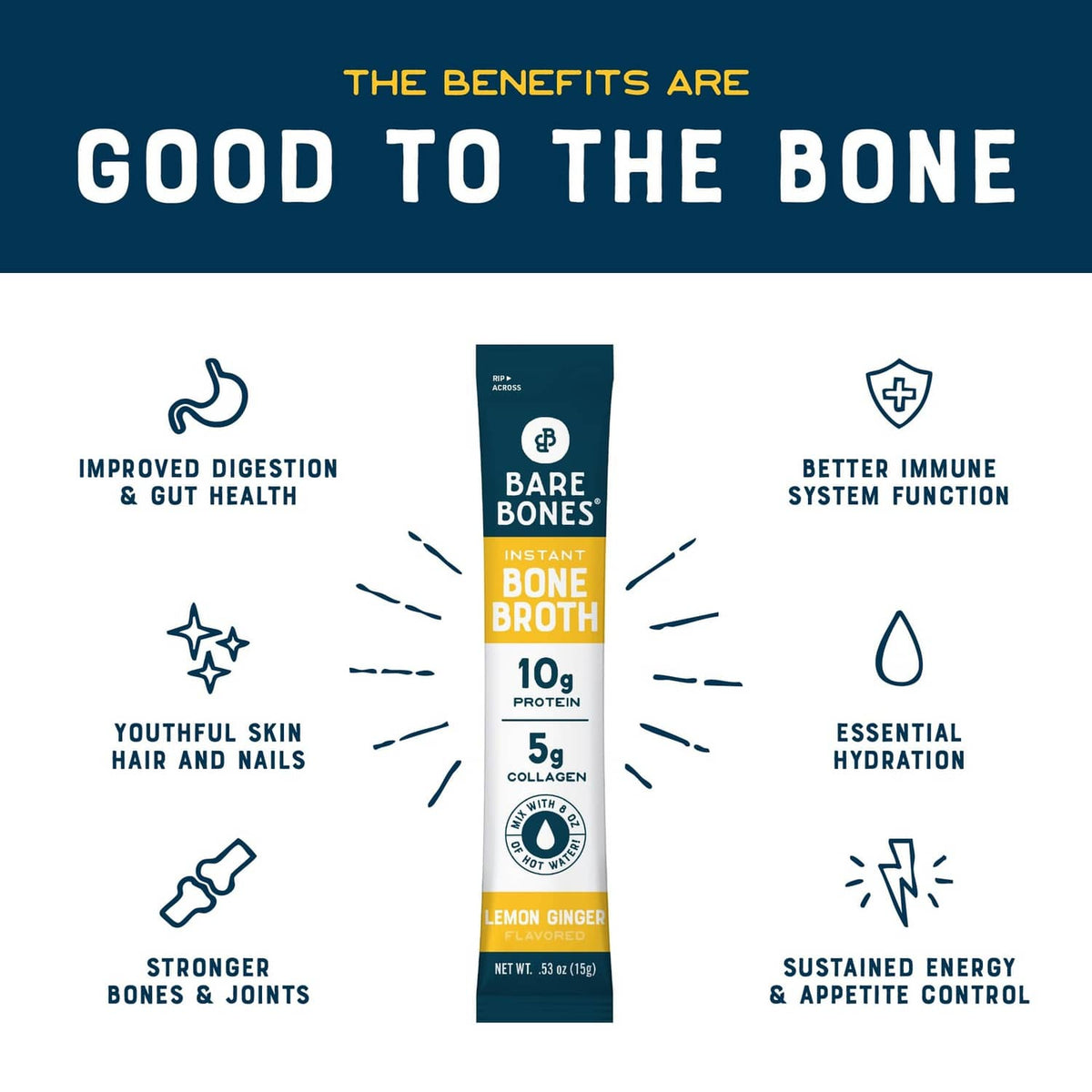 Bare Bones Instant Lemon Ginger Bone Broth pouch with benefits icons