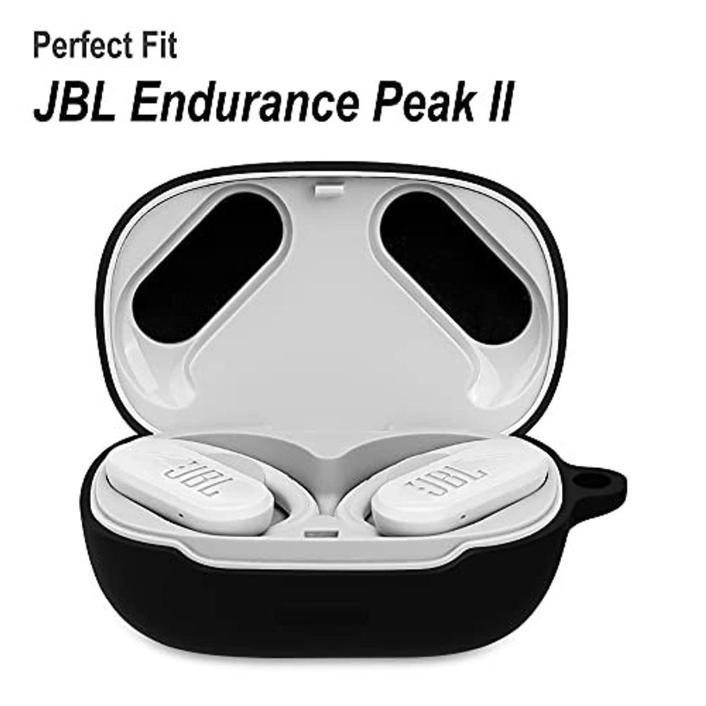Black silicone charging case with open lid holding white earbuds inside