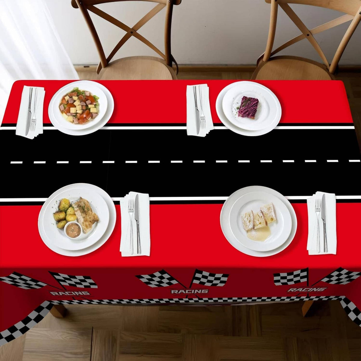 Racing car tablecloth with black road stripe, red center, and checkered accents