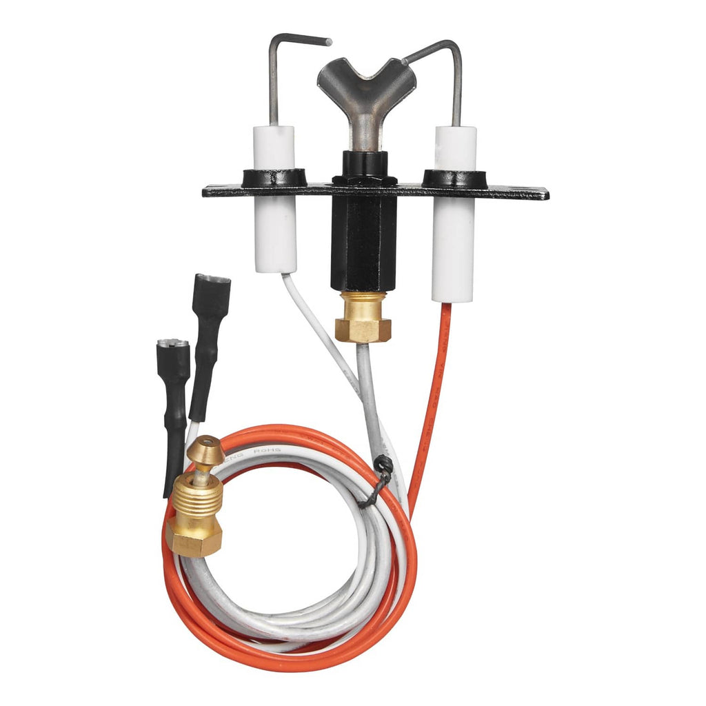 Uimoso gas pilot assembly with brass valve, two white insulators, orange wire loop, black stem