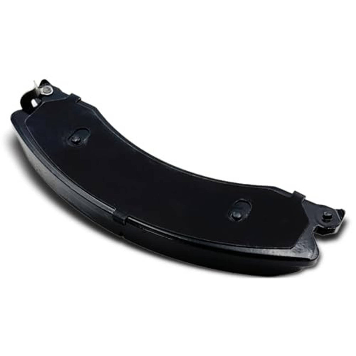 Ceramic brake pad, black friction pad angled view with metal backing and bolt holes
