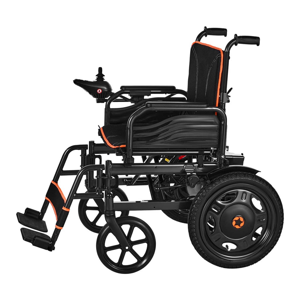 Electric wheelchair side view with black seat and orange trim, rear control mount visible