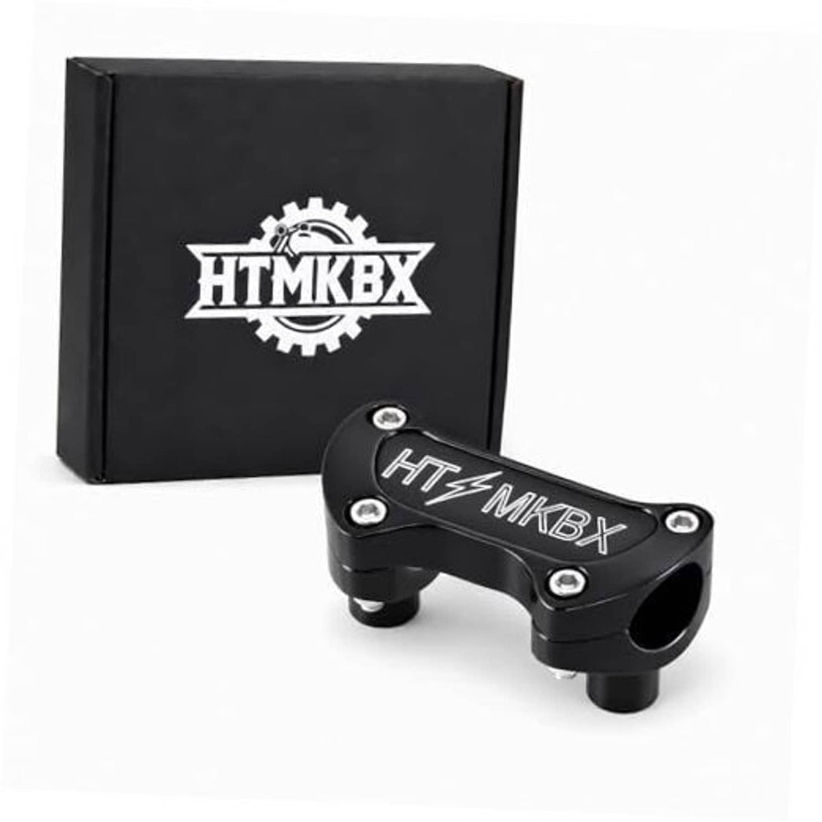 Black handlebar top clamp riser kit, HTMKBX logo on CNC-style faceplate