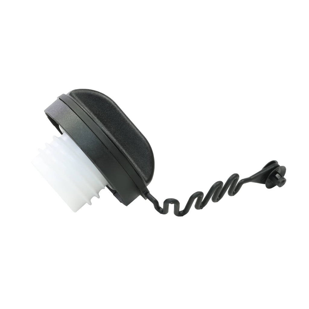 Fuel tank filler neck cap with white seal and coiled tether cord