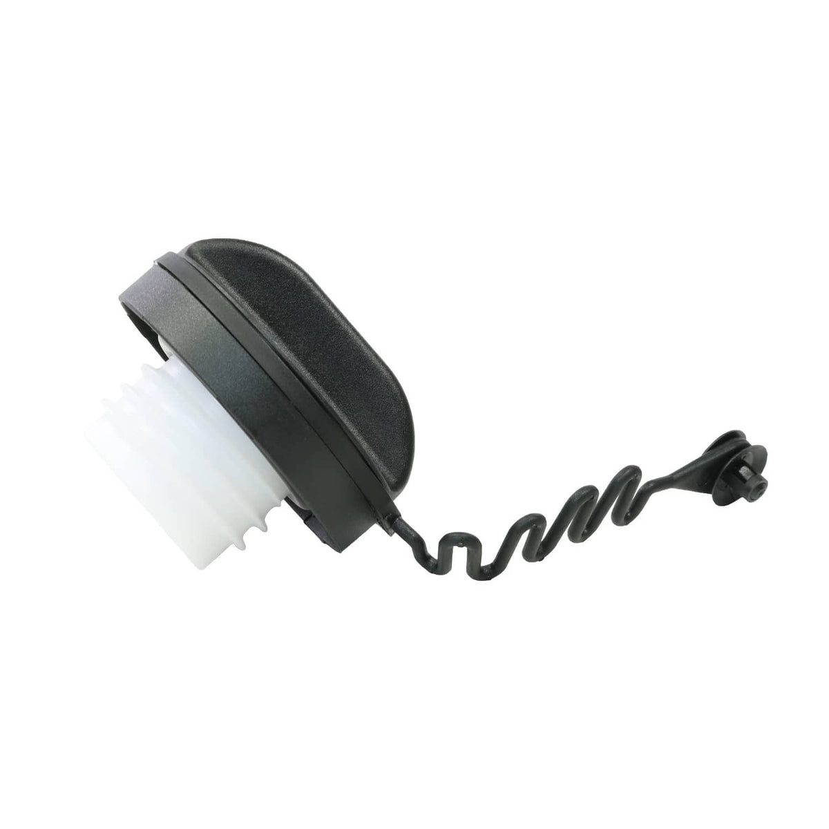 Fuel tank filler neck cap with white seal and coiled tether cord