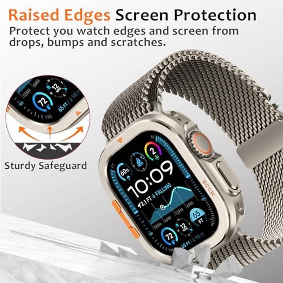 Metal watch case with raised edges to help protect screen and watch corners from drops