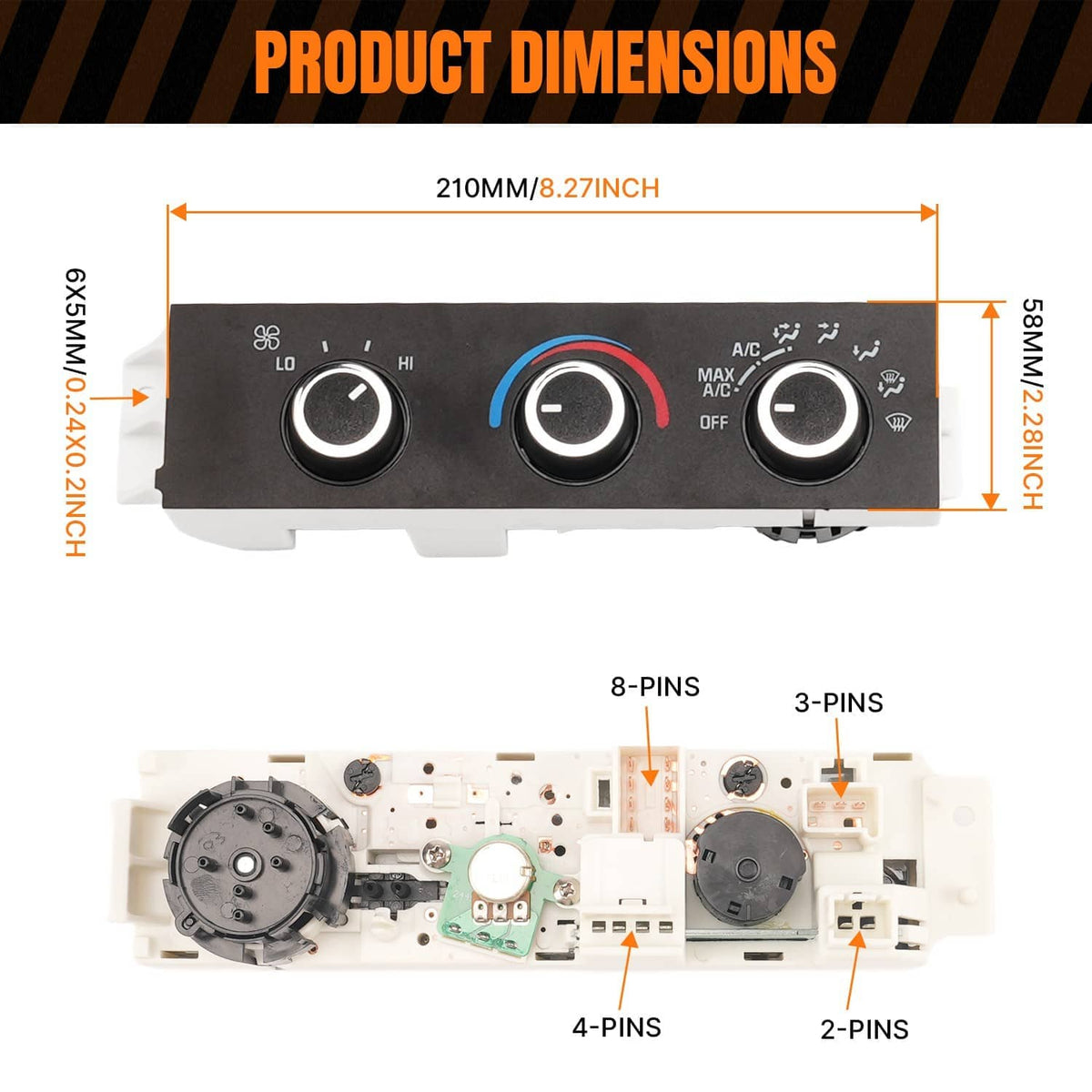 HVAC climate control switch unit with dimensions shown and rear connector pin layout