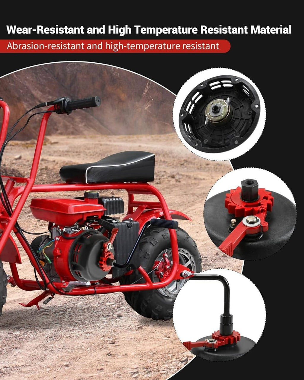 Recoil starter assembly with black housing, red recoil cover, and pull crank on engine