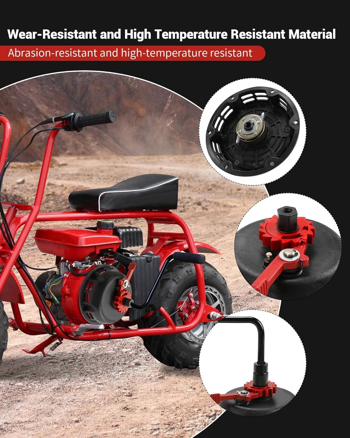 Recoil starter assembly with black housing, red recoil cover, and pull crank on engine