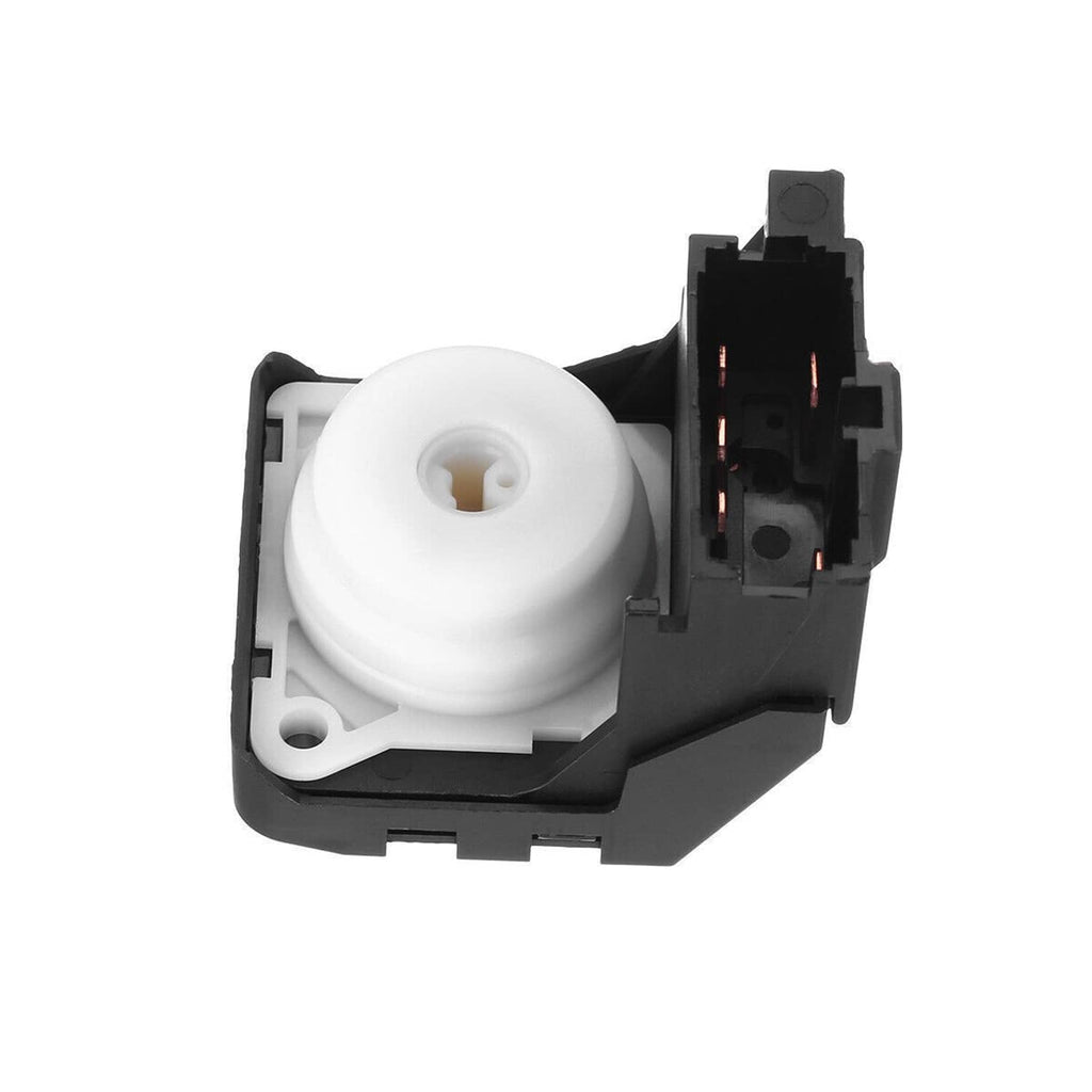Ignition switch module with white button and exposed black electrical terminals