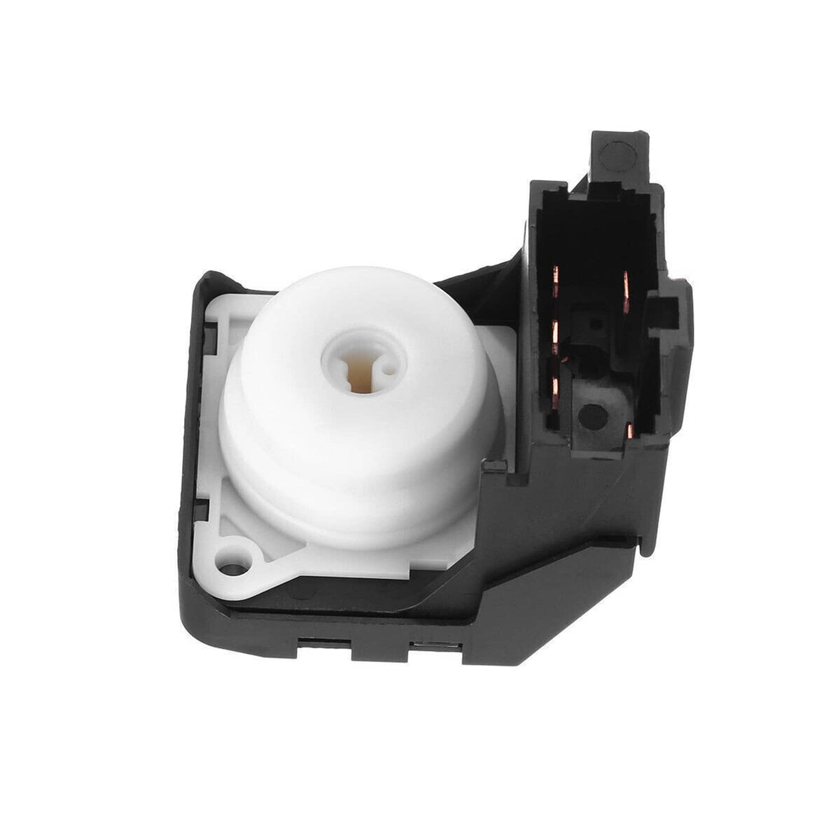 Ignition switch module with white button and exposed black electrical terminals
