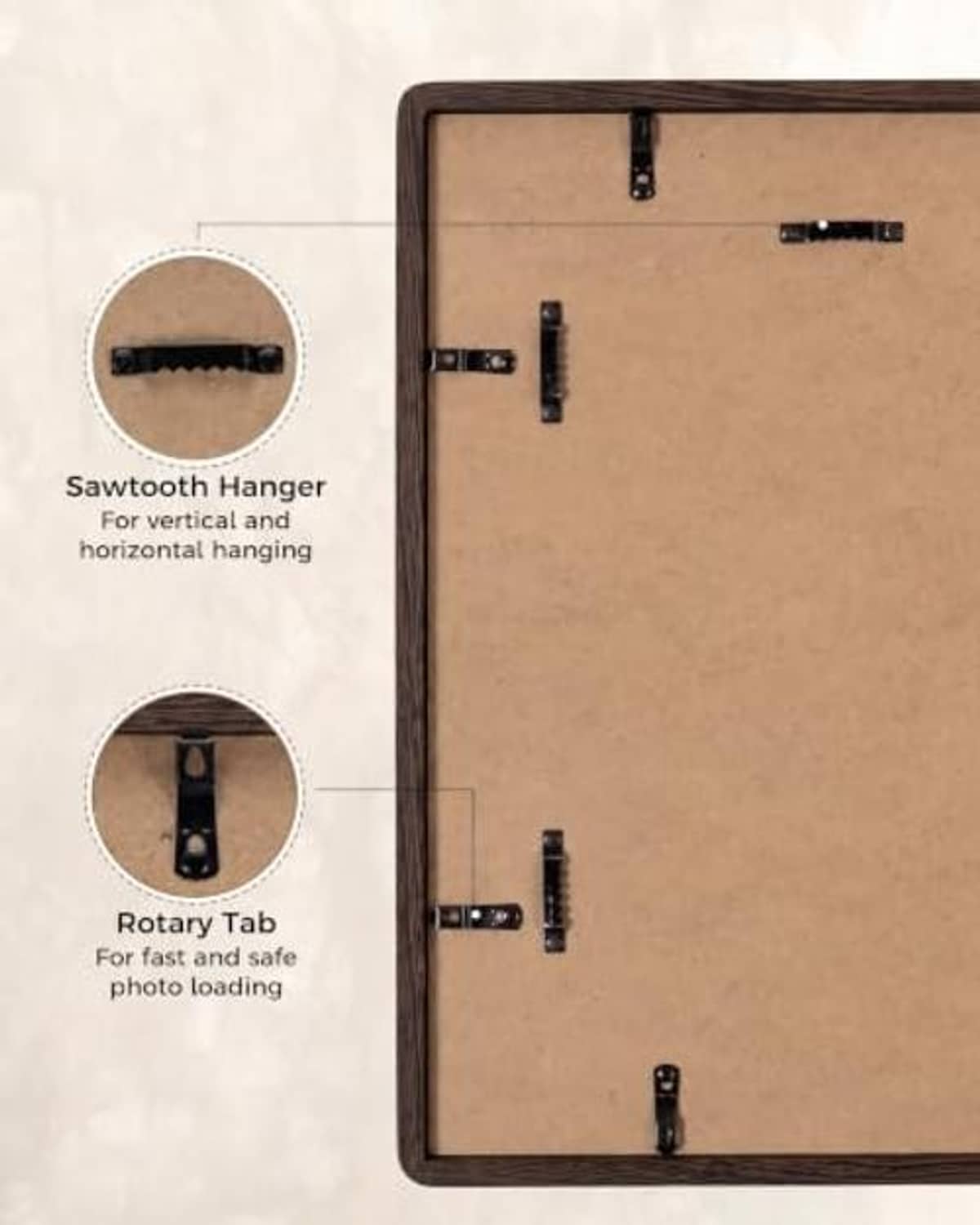 Back of wenge wood picture frame with sawtooth and rotary hanging hardware