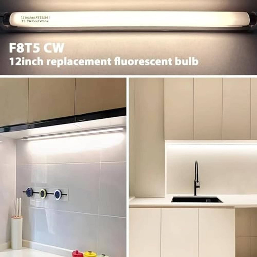 T5 fluorescent tube replacement installed in an under-cabinet light fixture