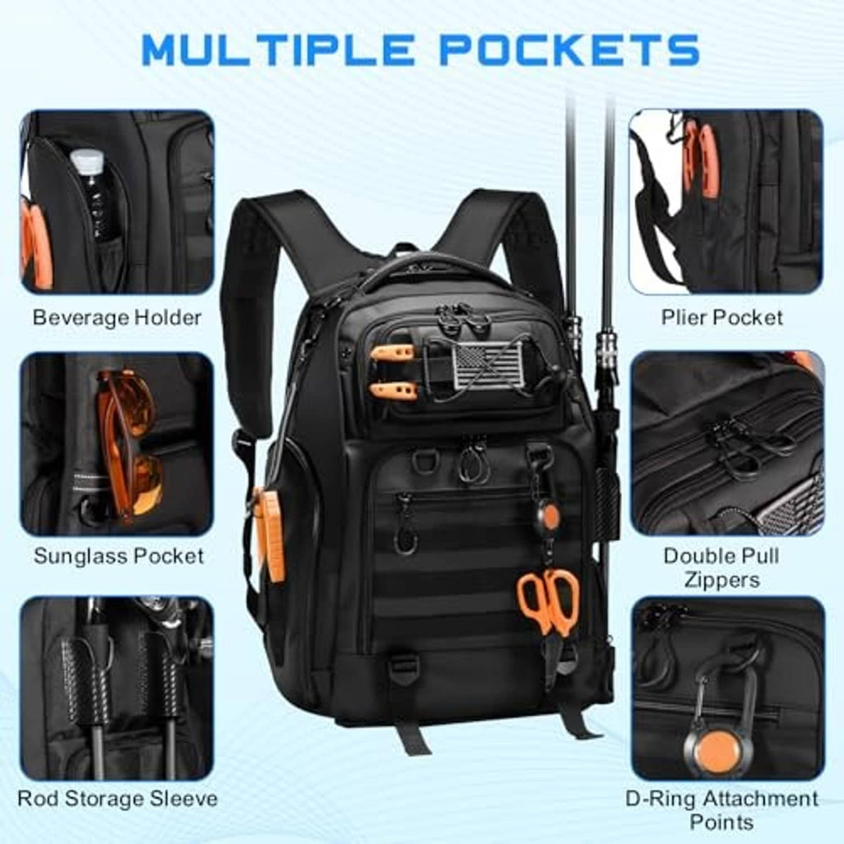Black fishing tackle backpack with multiple pockets, D-ring attachment points, and orange pulls.