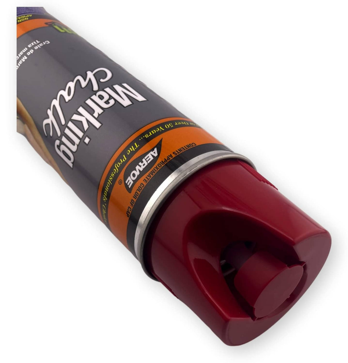 Aervoe red marking chalk spray can with wide cap and side label detail