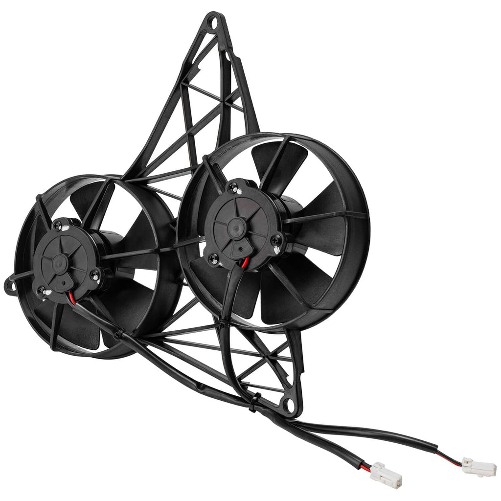 Black dual electric radiator cooling fans with mounting bracket and wiring connectors