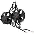 Black dual electric radiator cooling fans with mounting bracket and wiring connectors