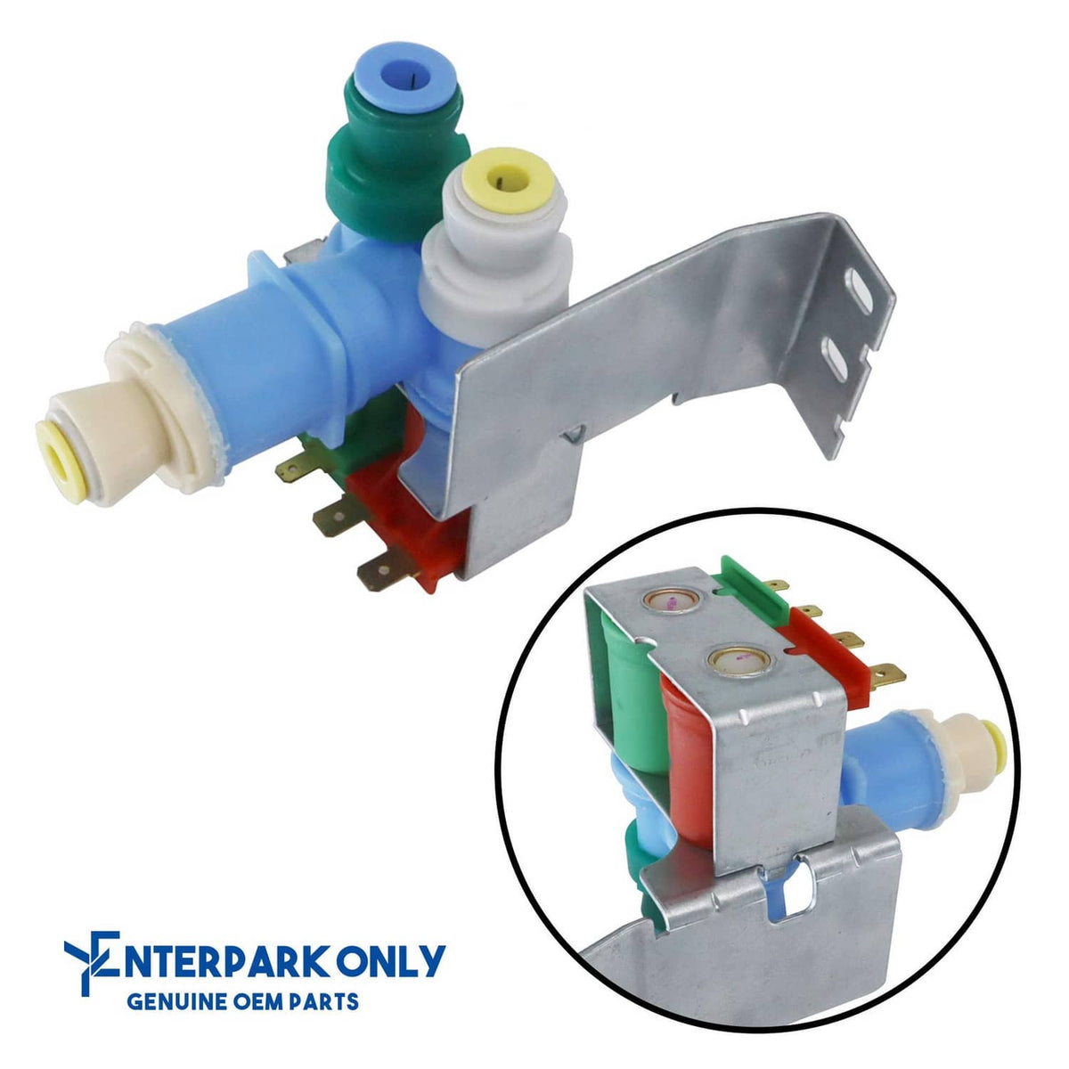 Water valve assembly with blue tube, green connector, and metal bracket; close-up view
