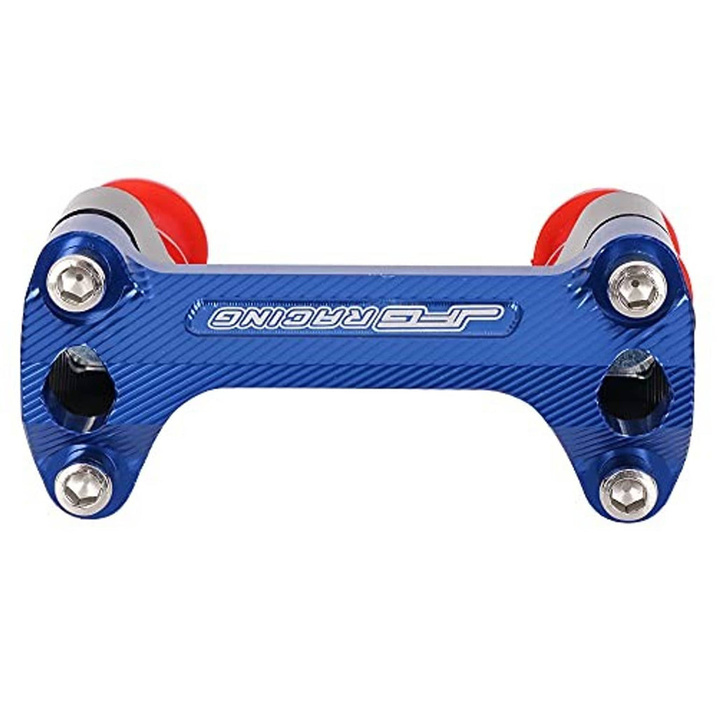 Top view of blue CNC motorcycle handlebar riser with red posts and 4 silver bolts