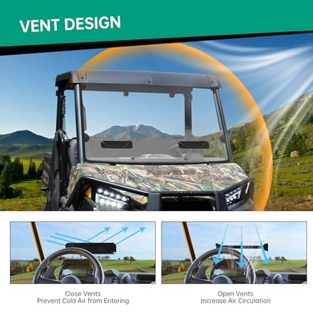 UTV vented windshield with adjustable top vents and clear front panel