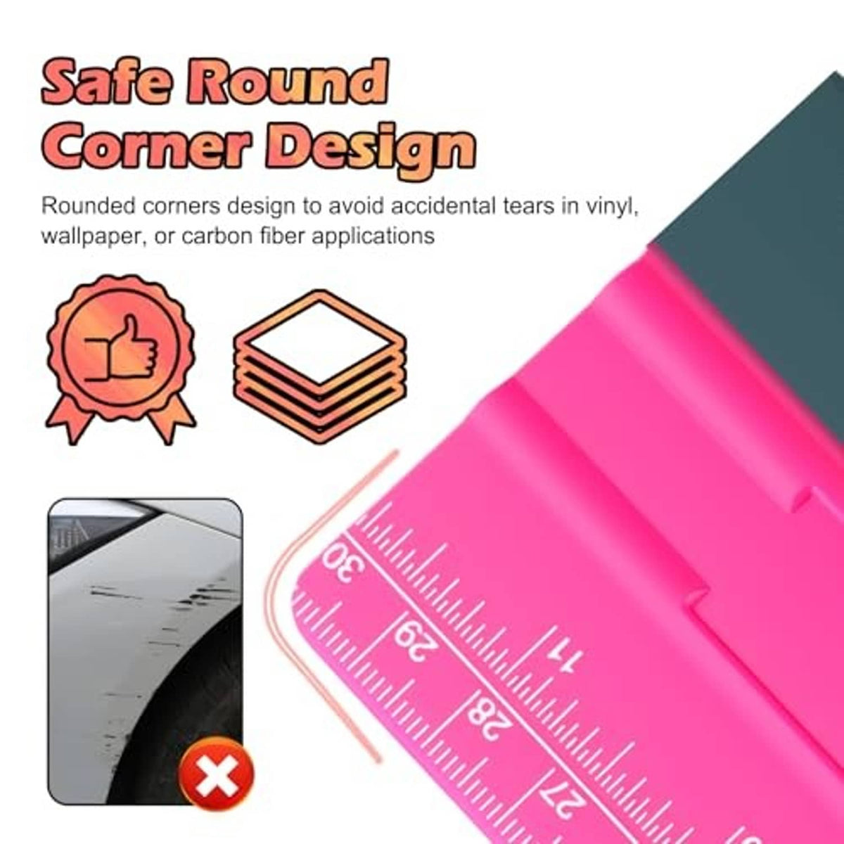 Pink squeegee tool with safe rounded corner design and ruler measurement scale