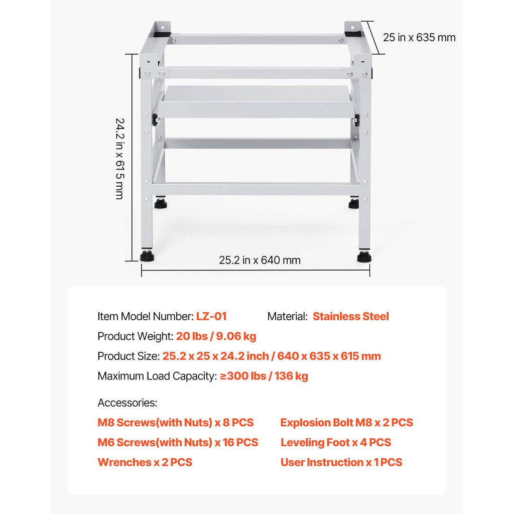 Laundry machine base frame with four leveling feet and stated dimensions