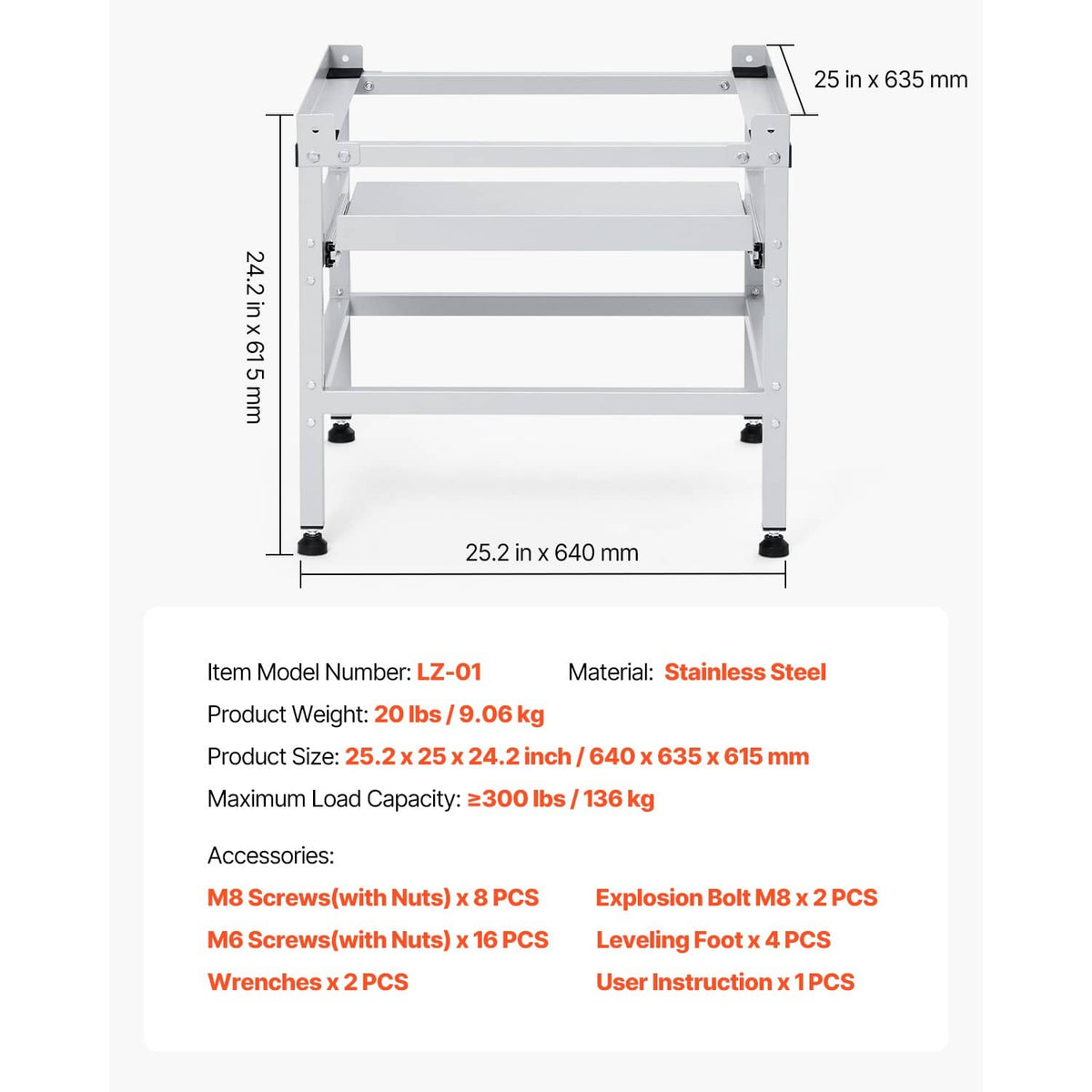 Laundry machine base frame with four leveling feet and stated dimensions