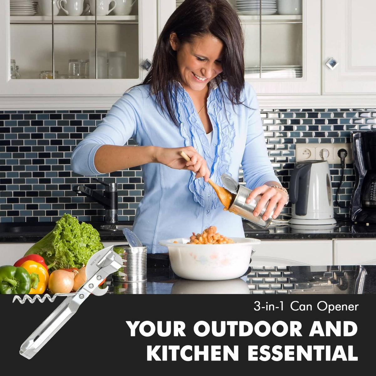 Chef Craft Select 3-in-1 stainless steel can opener resting on kitchen counter