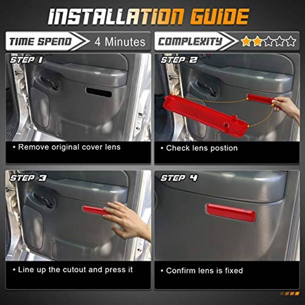 Red rear door reflector light cover trim panel being installed, rectangular textured lens