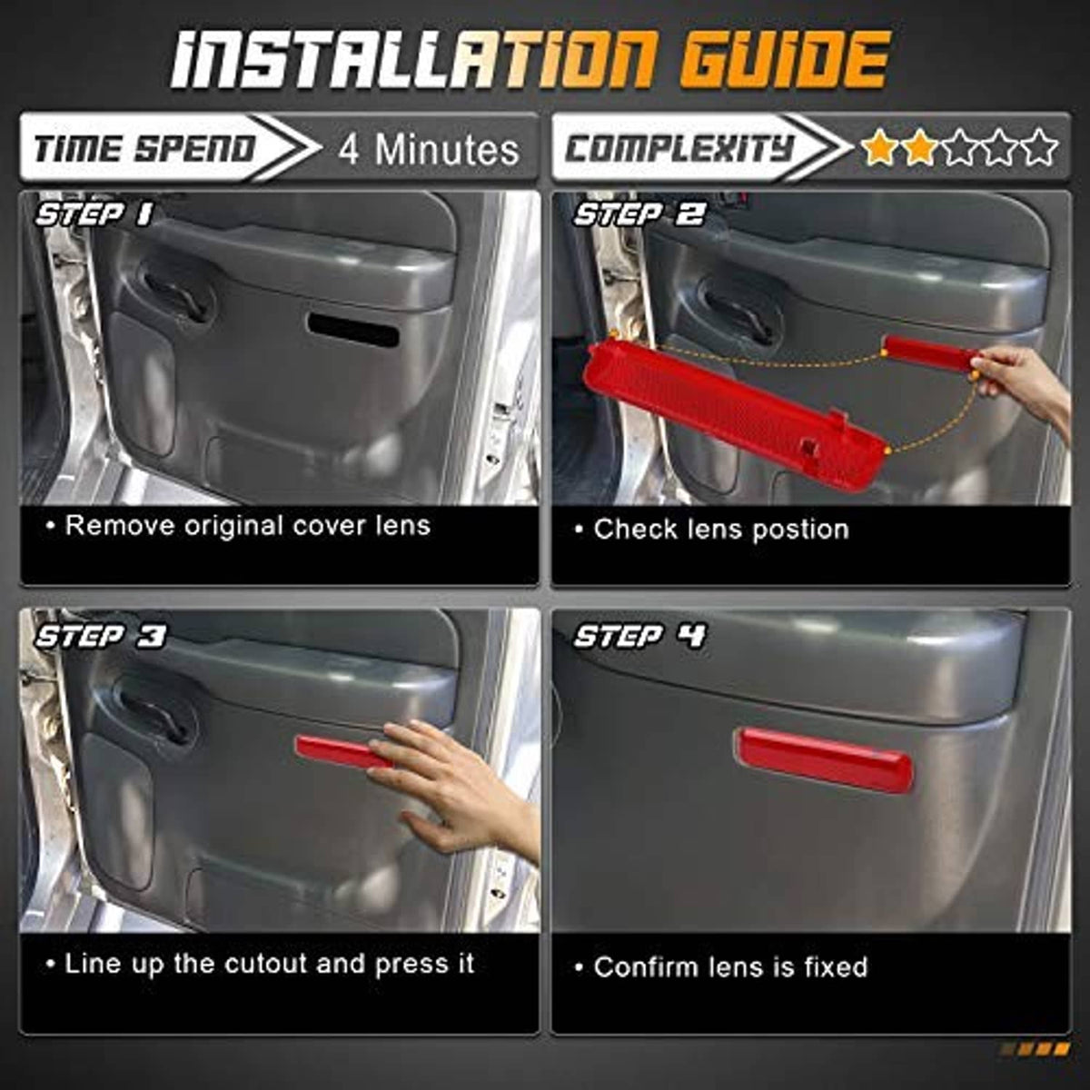 Red rear door reflector light cover trim panel being installed, rectangular textured lens