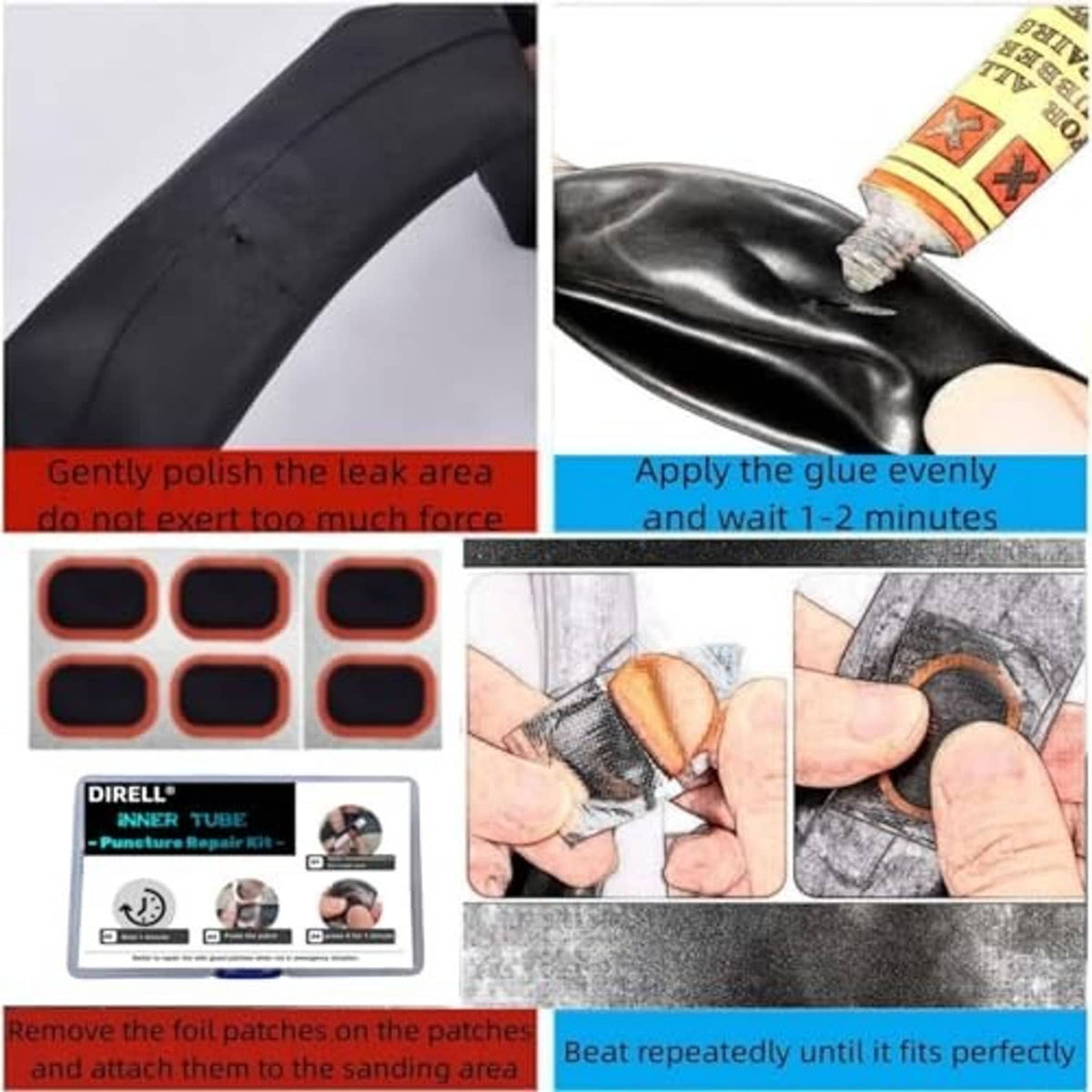 Instruction graphic for inner tube patch kit; shows patch layout and application steps