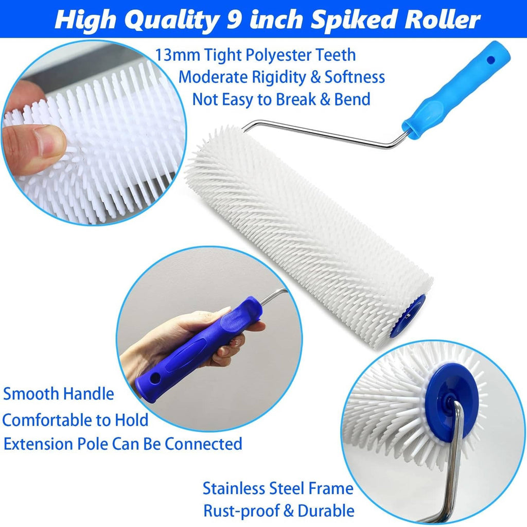 9-inch spiked concrete roller with white teeth, blue handle, stainless steel frame