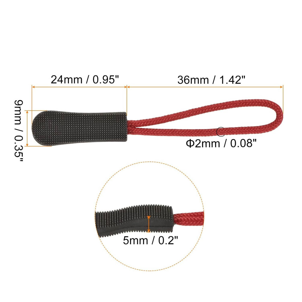 Single black zipper pull head with red braided cord and textured grip tab