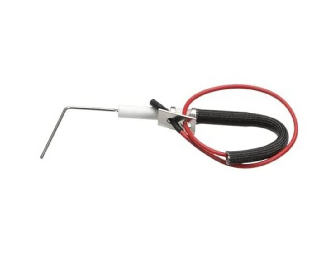 Electrode wire kit with red wire loop, black cable sheath, and metal electrode arm