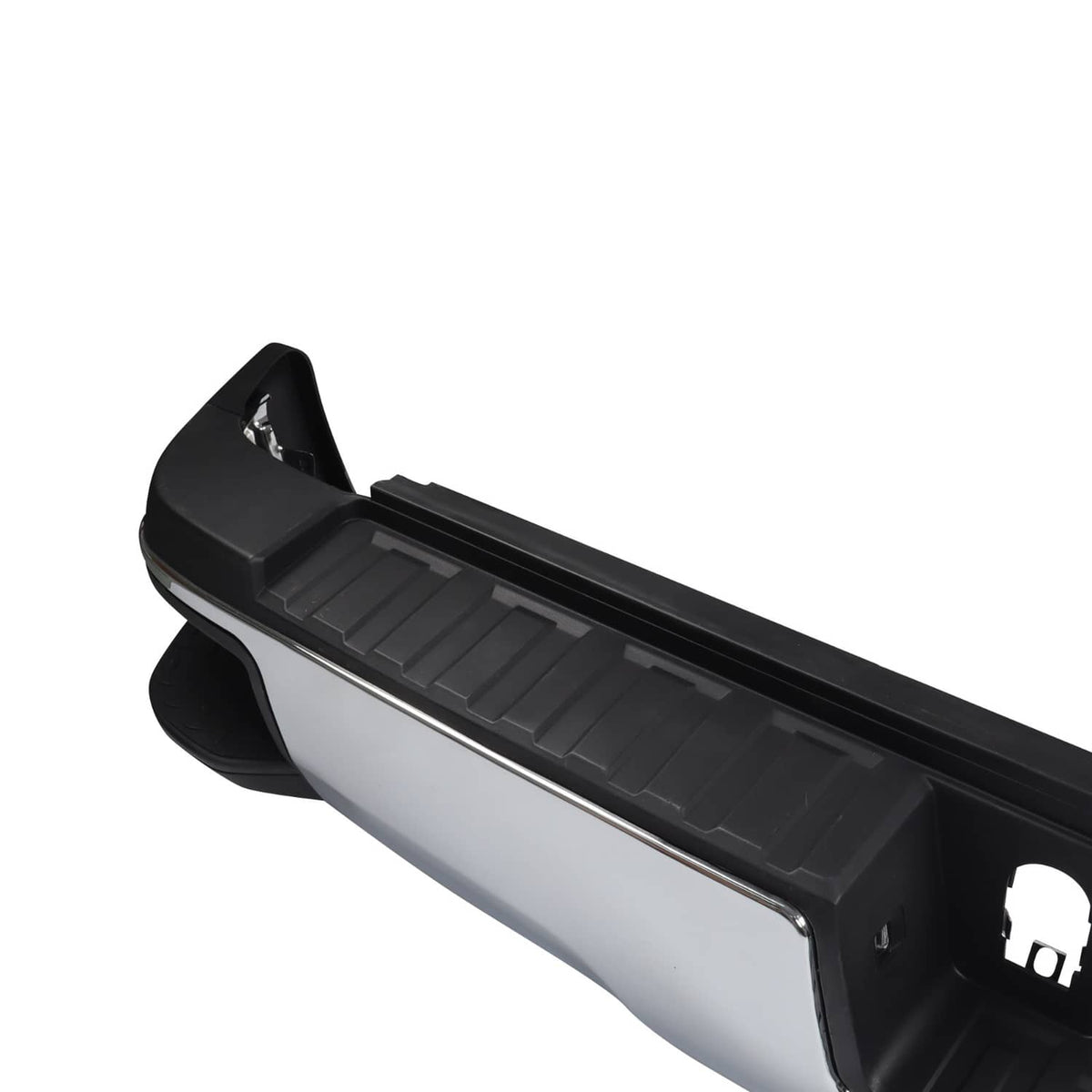 Black and chrome rear step bumper assembly with ribbed step pad and side end cap