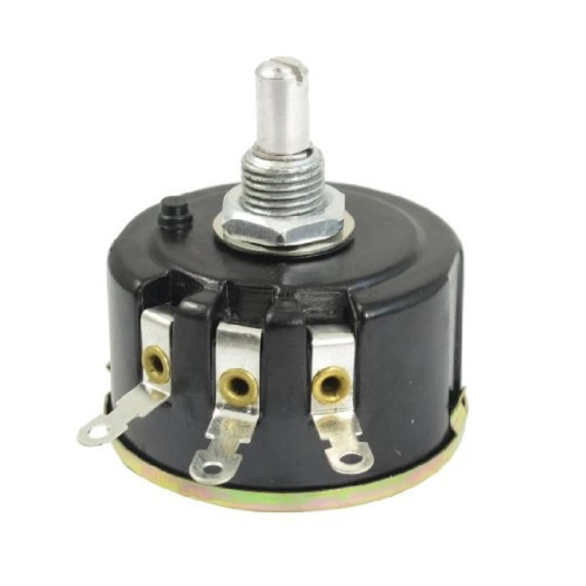 Rotary wire-wound potentiometer with threaded metal bushing, black housing, 3 terminal pins