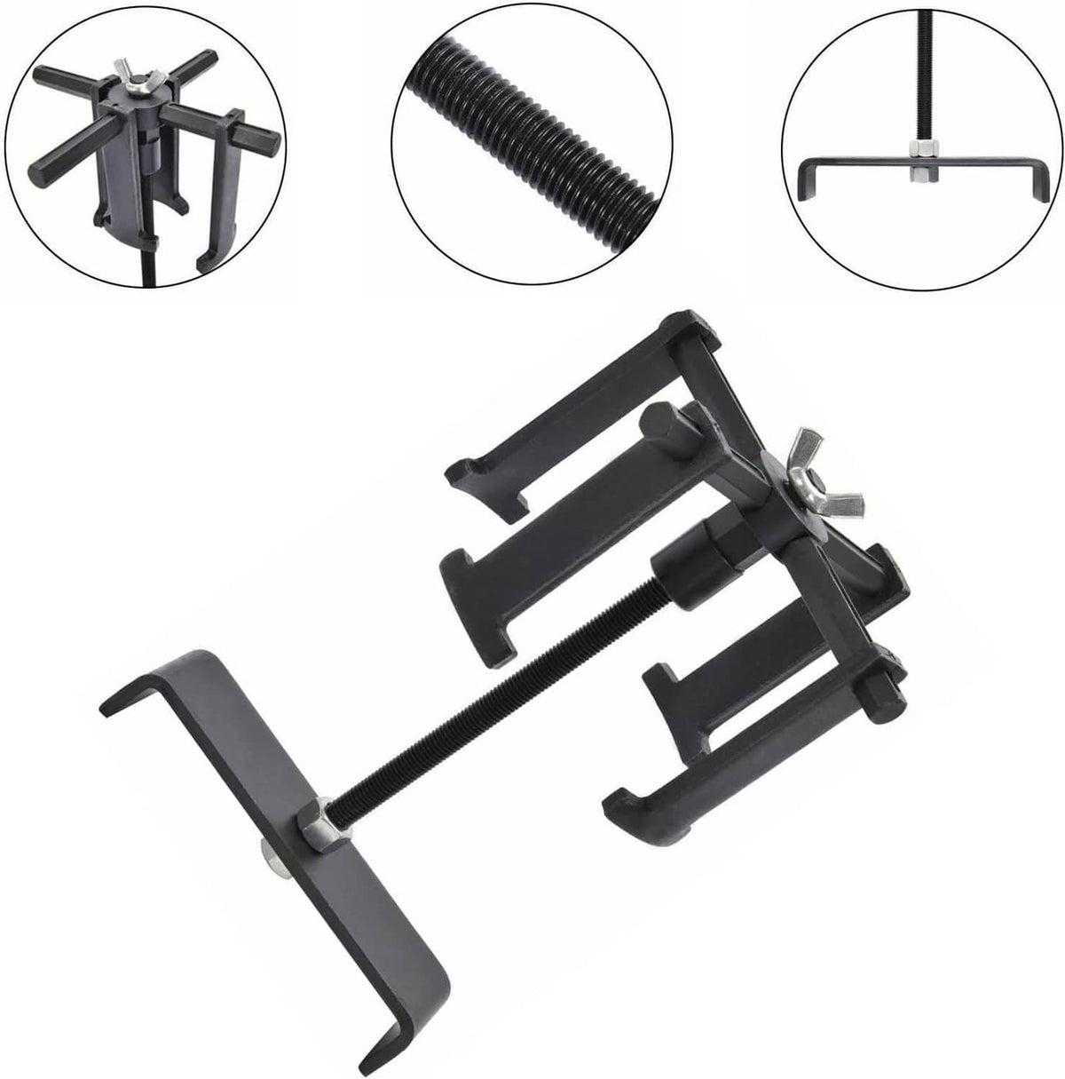 Clutch spring compressor tool kit with threaded rod and adjustable fork arms