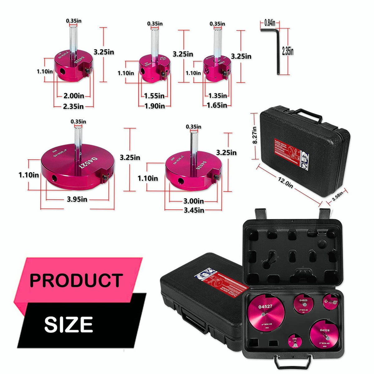 Plastic pipe fitting reamer kit size diagram with magenta reamer heads and black case