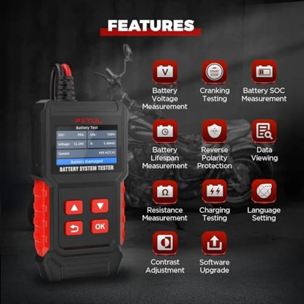 Battery system tester with feature icons: voltage, lifespan, reverse polarity, resistance