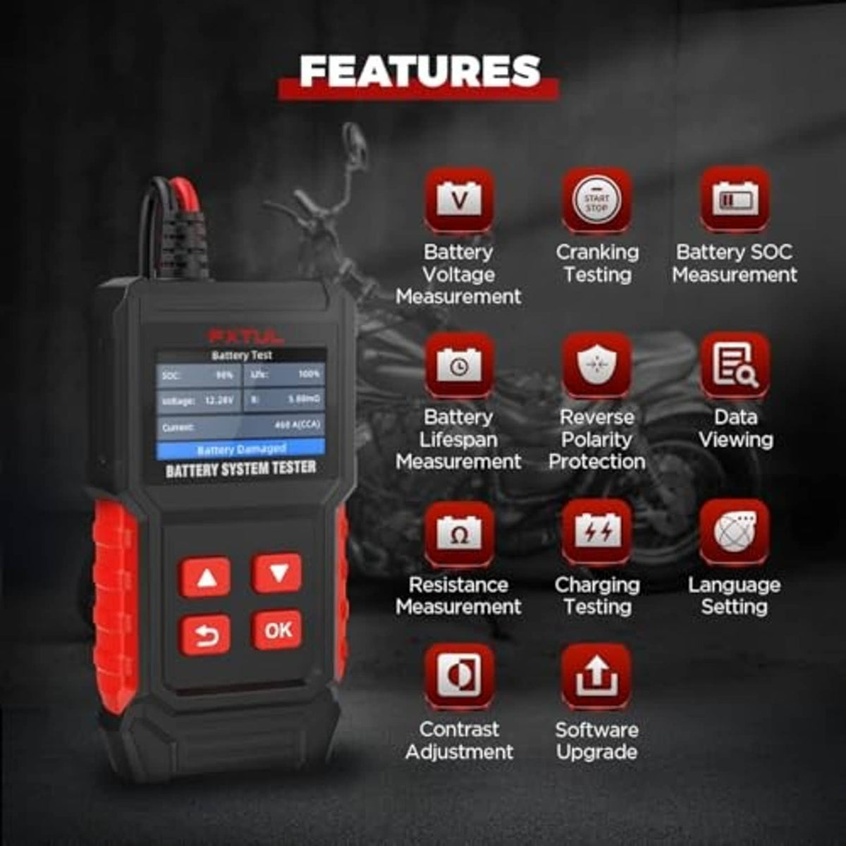 Battery system tester with feature icons: voltage, lifespan, reverse polarity, resistance