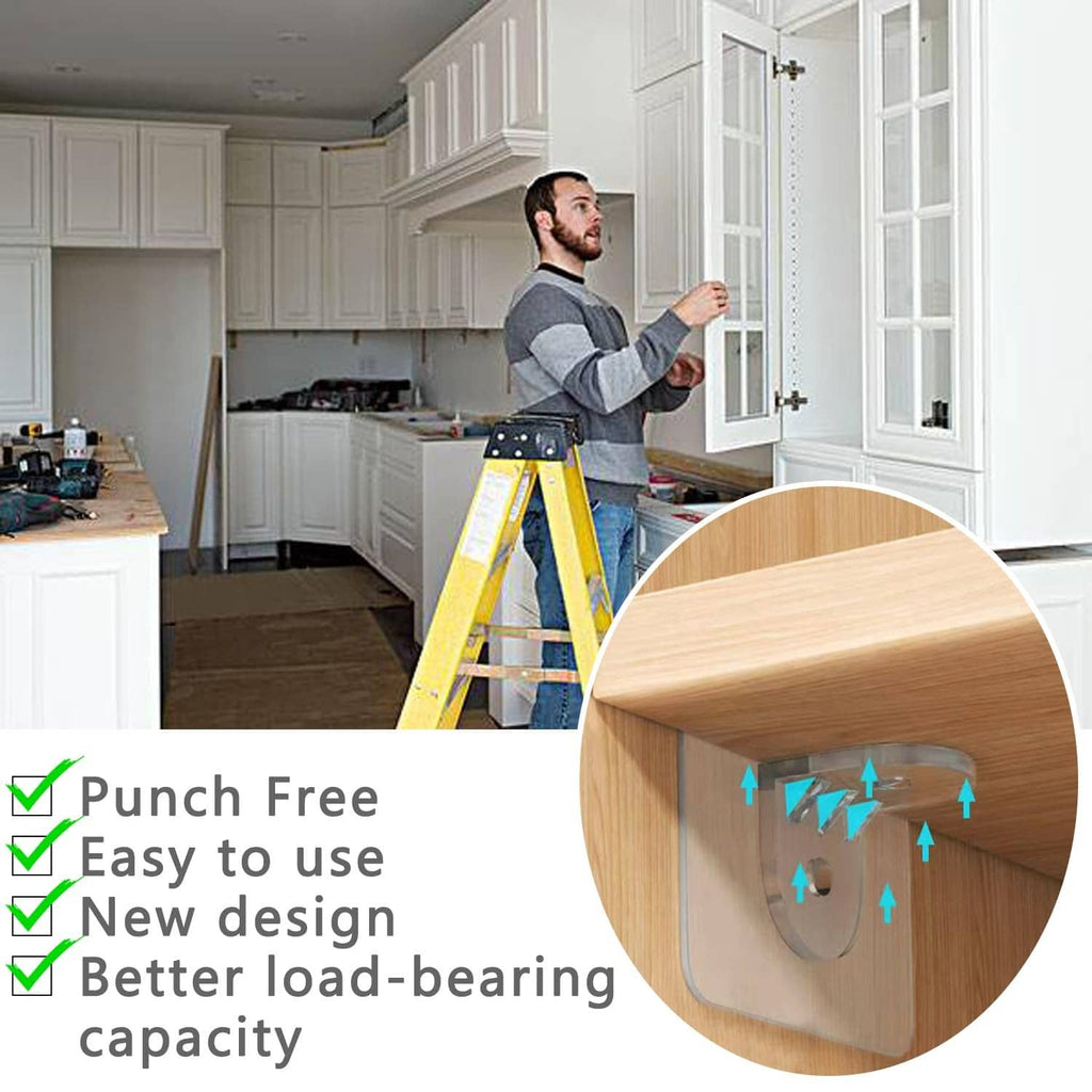 Installed clear adhesive shelf support peg bracket on a wooden cabinet