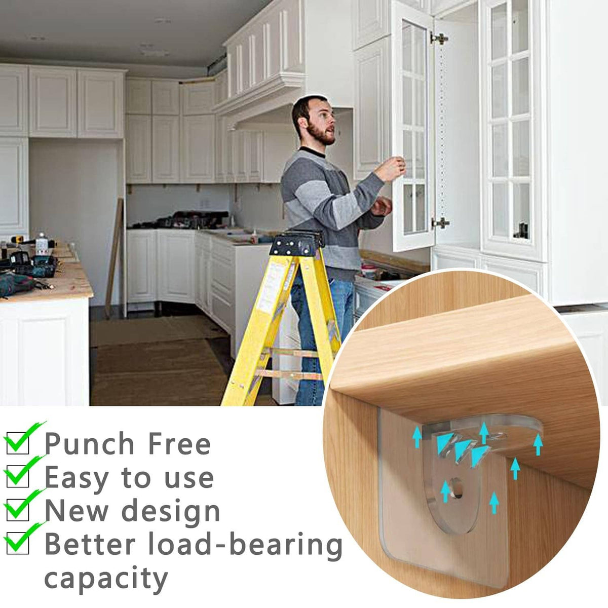 Installed clear adhesive shelf support peg bracket on a wooden cabinet