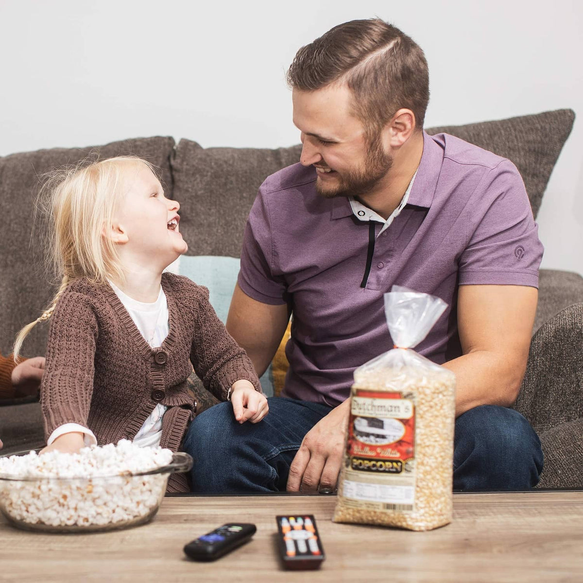 Dutchman's Hulless White popcorn kernels bag on a table during movie night