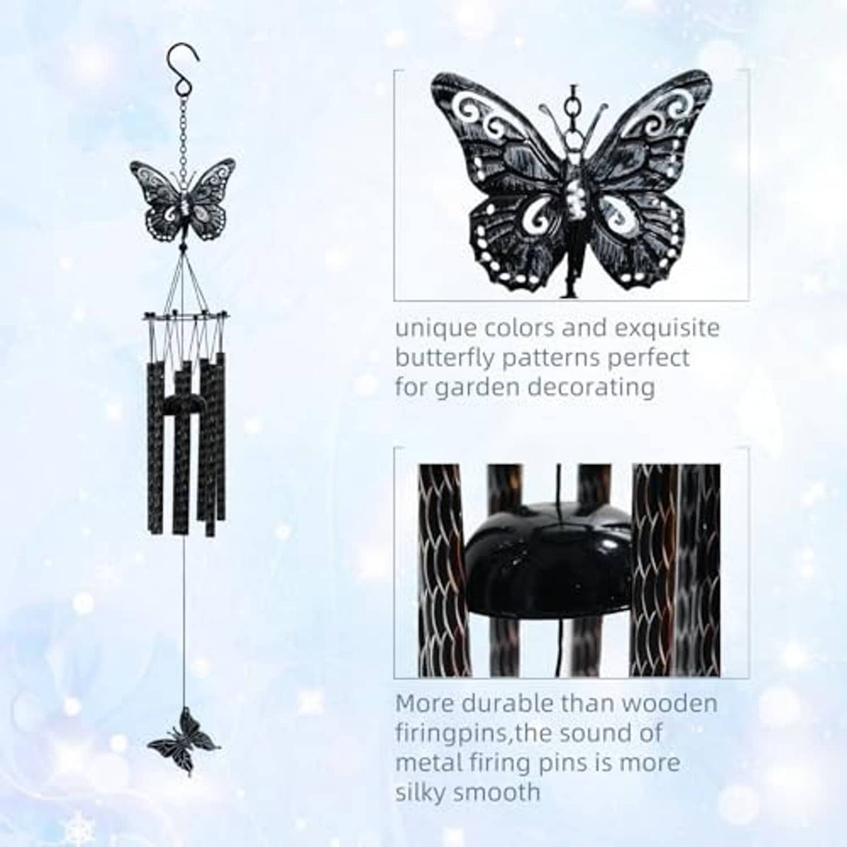 Black butterfly wind chime with metal bars and ornate butterfly topper detail