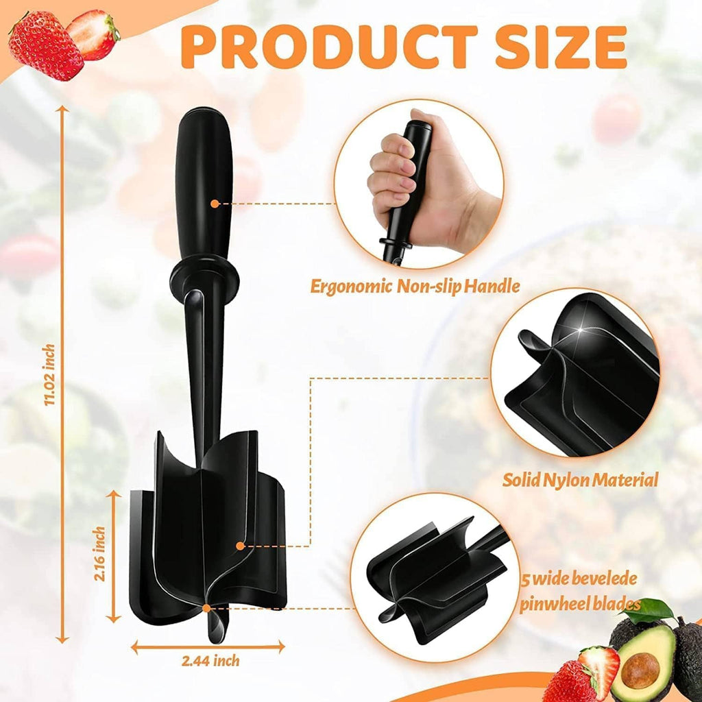 Black meat chopper with ergonomic non-slip handle; size diagram on product